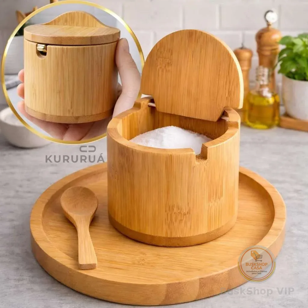 Saleiro de Bambu Premium com Colher, Bandeja | Porta Temperos Elegante e Funcional para Cozinha