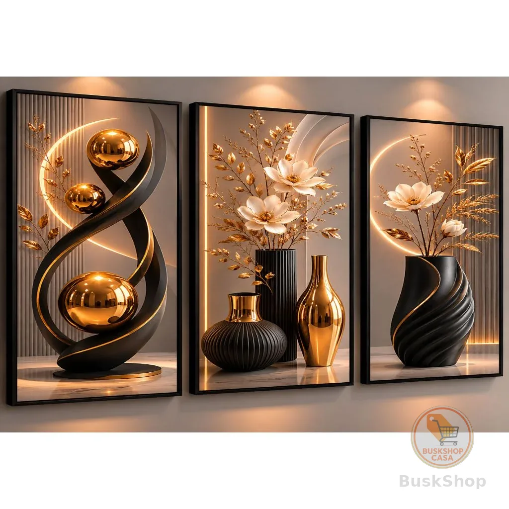 Kit De Quadros Decorativos 3 Peças Para Sala Quartos Vasos Pretos e Dourados Flores Modernas Delicadas