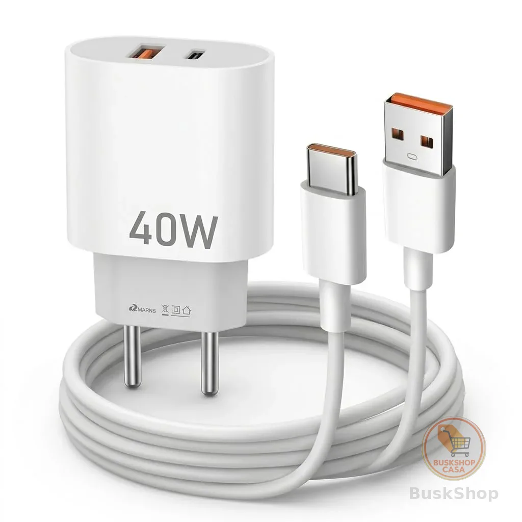 Kit Carregador Super Turbo 40W Tipo-C, com Cabo USB-C, Fonte Bivolt, com Porta USB A e USB-C, Carregamento Rápido PD QC para Smartphones Android e iOS, Tablets, Notebooks, Linha Premium