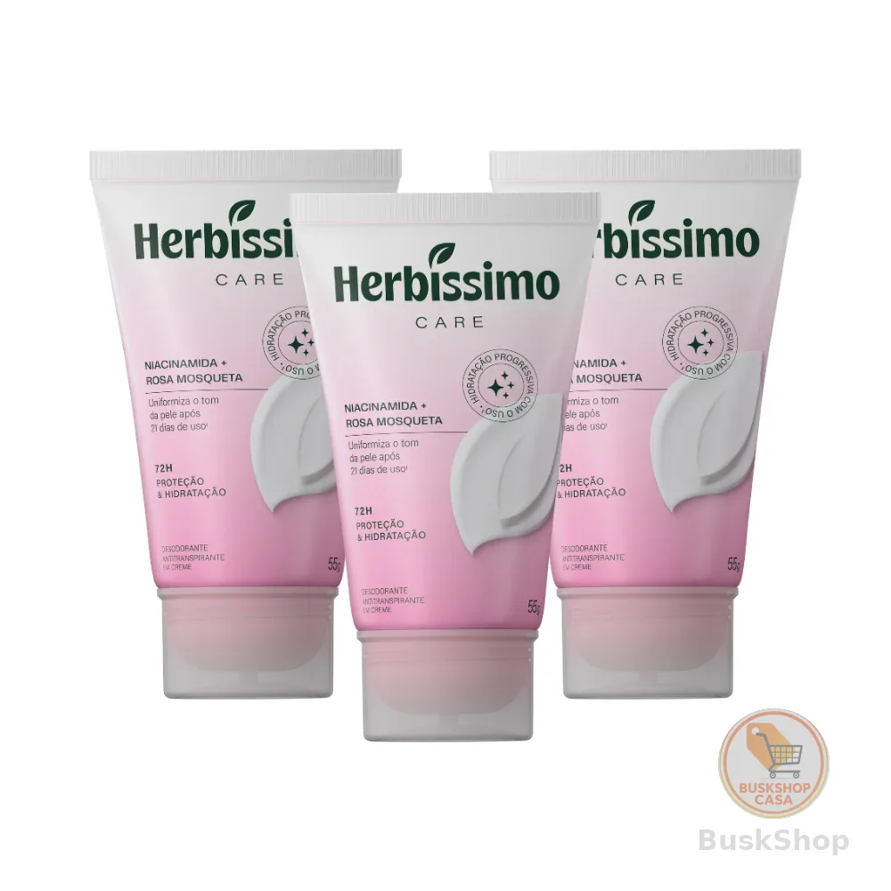 Kit Creme Desodorante Antitranspirante Herbíssimo Care Rosa Mosqueta E Niacinamida Bisnaga 55g (3 unidades)