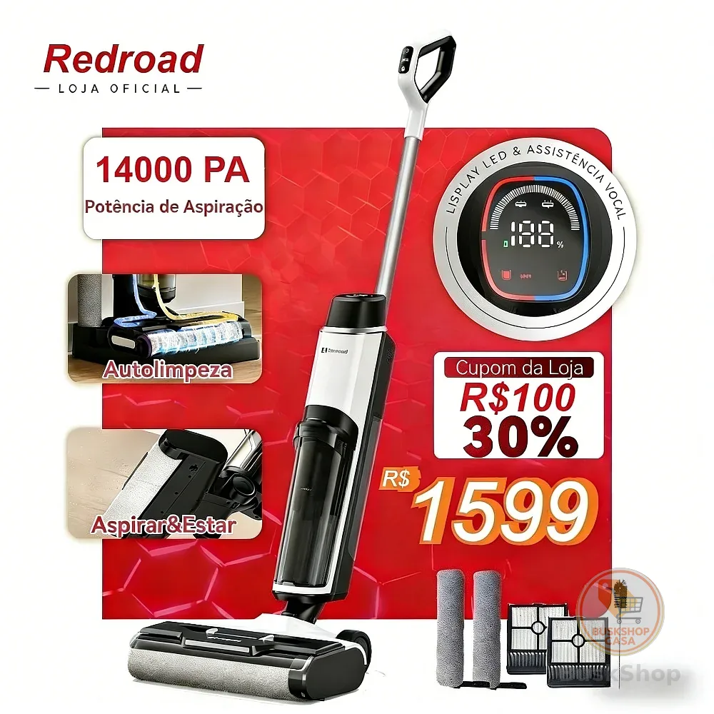Limpador 3 em 1: aspira, lava e limpa. Autolimpeza, bateria de longa duração, tanque 910ml, tela LED, bivolt 100-240V
