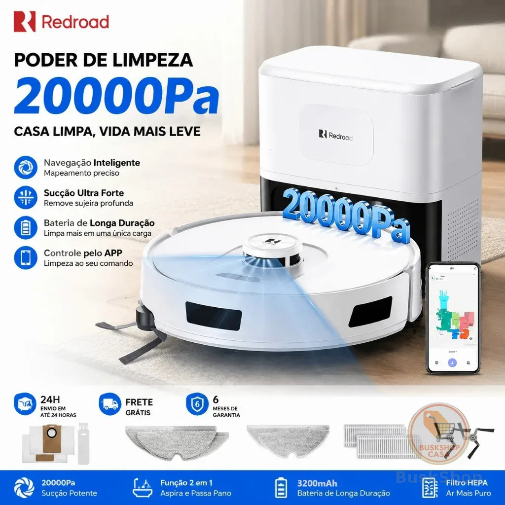 Robô Limpador 3 em 1 com LiDAR, Estação Autolimpante, Sucção 20.000Pa, APP e Saco de Pó de 4 Litros Redroad R11