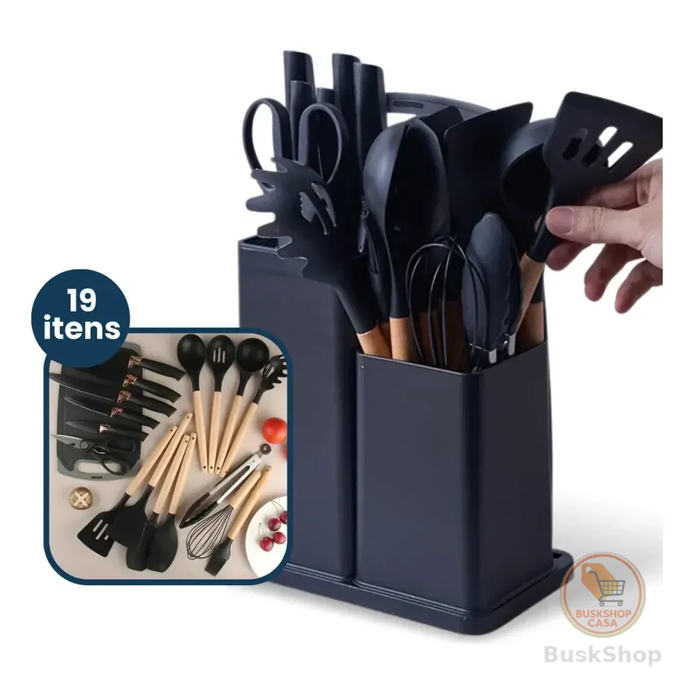 Kit 19 Peças Utensílios Cozinha Silicone Antiaderente Preto Com Tábua Sd1vv