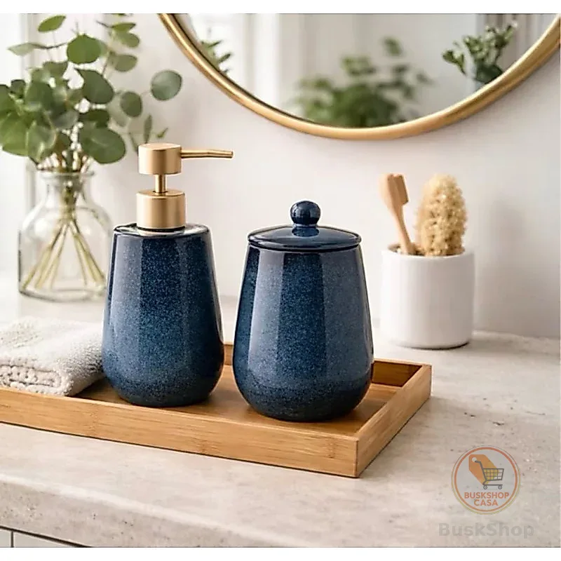 Kit Banheiro Dispenser Porta Sabonete 2 Peças Lavabo Bancada Cerâmica Azul LYOR Multiuso Moderno