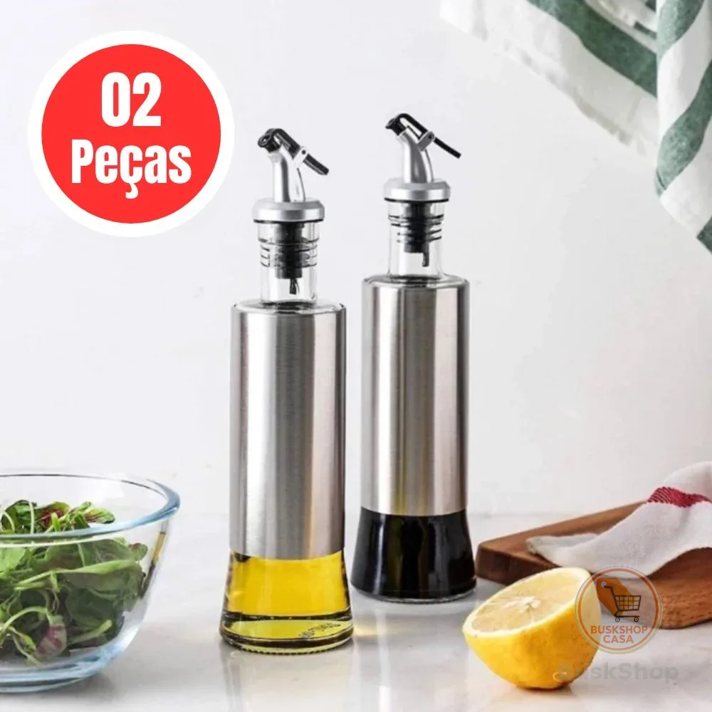 Kit 2 Galheteiros Porta Azeite e Vinagre de Vidro Premium e Aço Inox com Dosador 300ml