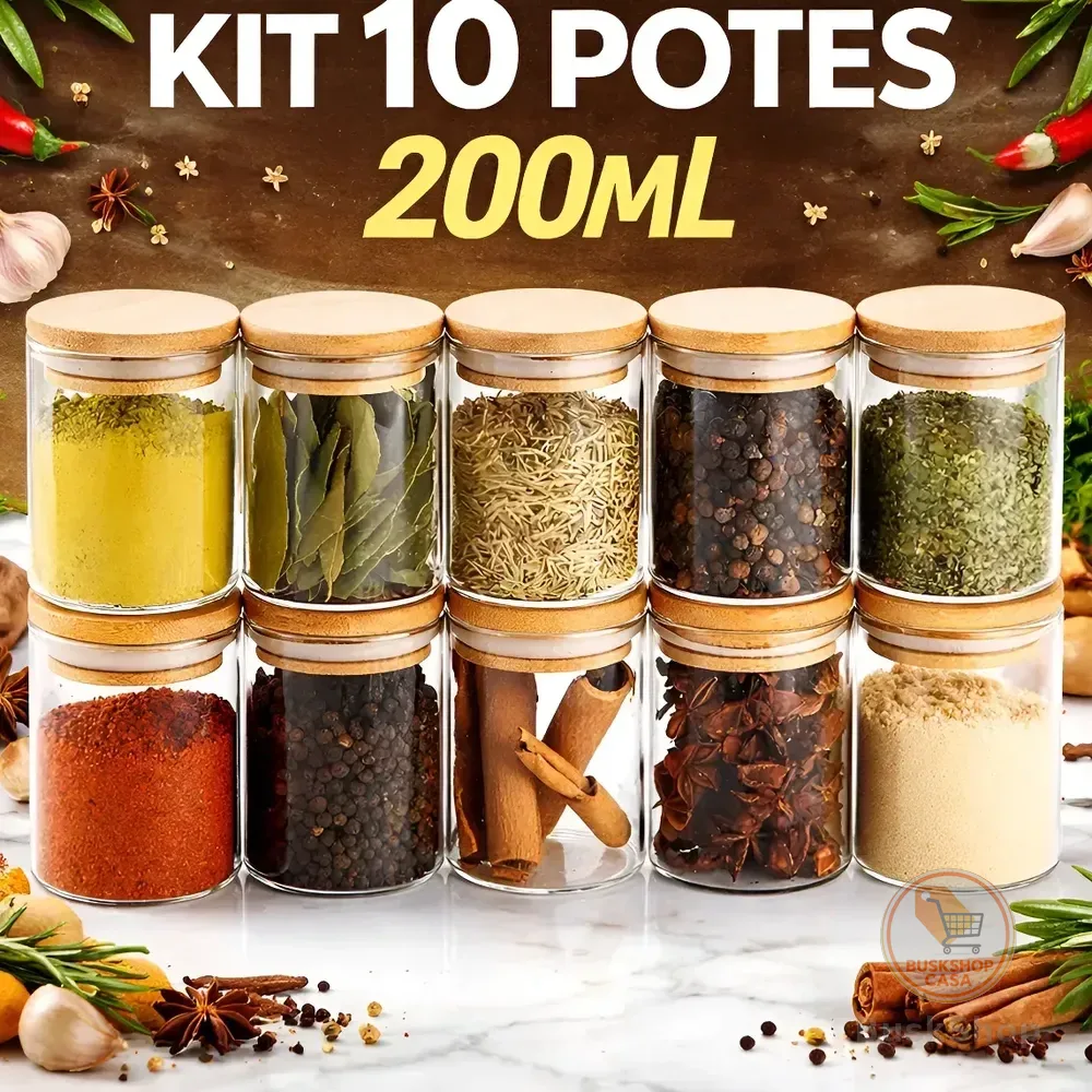 Jogo 10 Potes 200ml Herméticos Vidro Tampa De Bambu Temperos Transparente