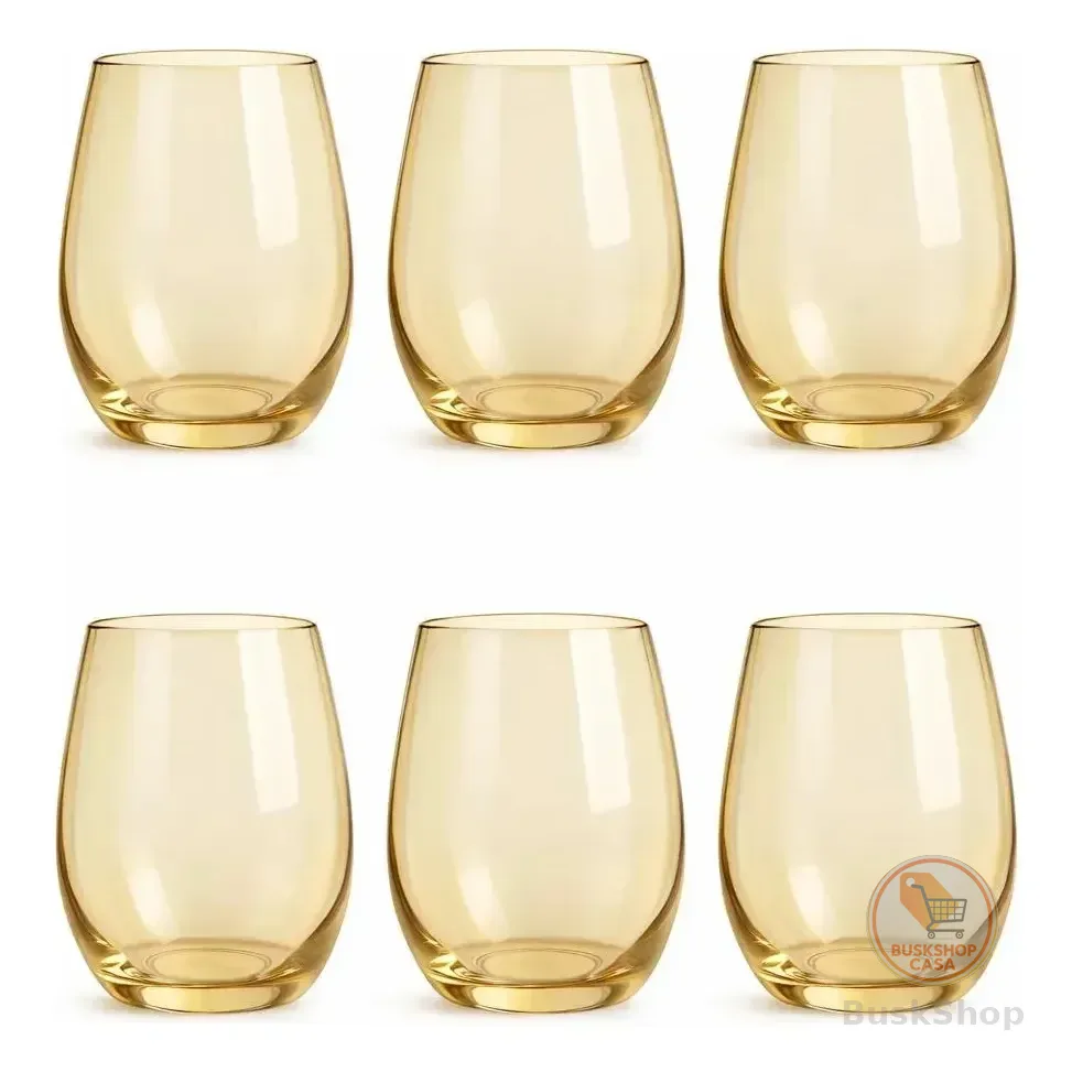 Jogo 6 Copos De Vidro Ambar Dourado 475ml Suco Água Drink Resistente Seneb