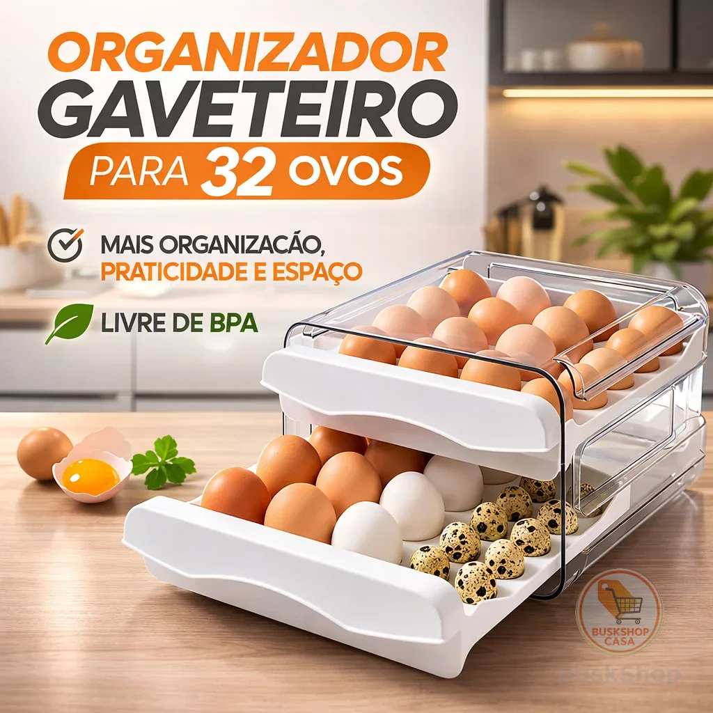 Organizador De Ovos Gaveteiro Duplo Para Geladeira Cozinha Dispenser 32 Ovos Prático Porta Ovos Empilhável Acrílico