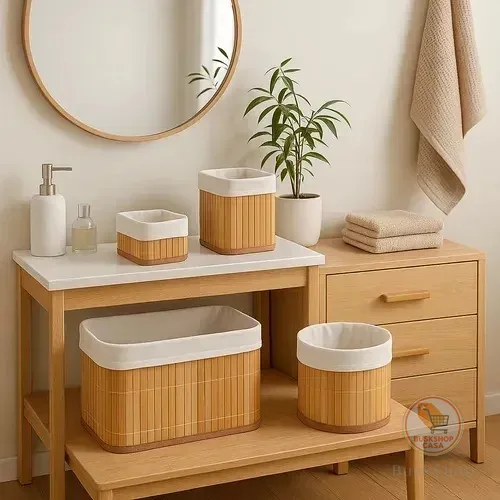 4 Cestos de Bambu Retangular Organizadores com Forro Banheiro Lavanderia Decoração Pequeno Grande