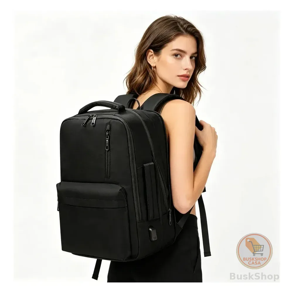 Mochila Feminina, Impermeável, Reforçada, Com Capacidade Expansível De 25 A 40 L, Capaz De Acomodar Um Laptop De 15,6 Polegadas, Com Porta De Carregamento Sub Preto
