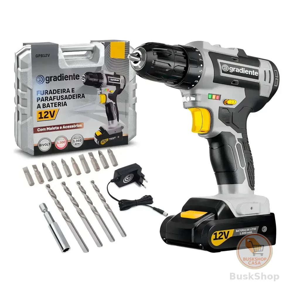 Parafusadeira Furadeira Sem Fio Bateria 3/8 12v Bivolt Para Madeira Metal Gradiente 110v/220v Cinza/preto 50hz/60hz