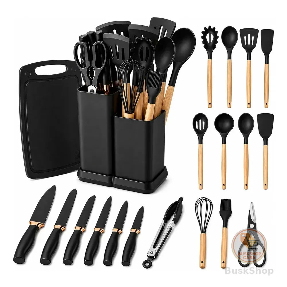 Kit Utensílios Jogo 19 Peças Conjunto Em Silicone De Cozinha Preto