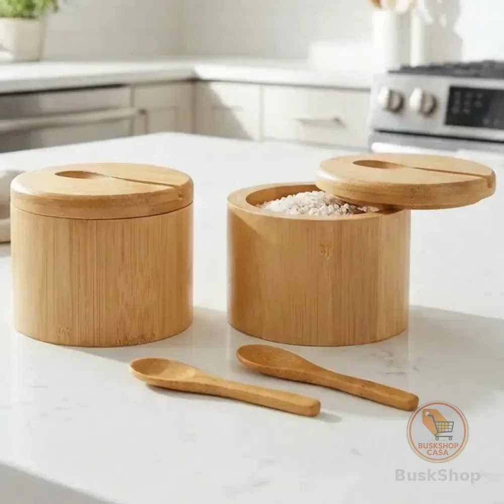 2 Saleiro Açucareiro Porta Temperos Pote Bambu Condimento Bambu