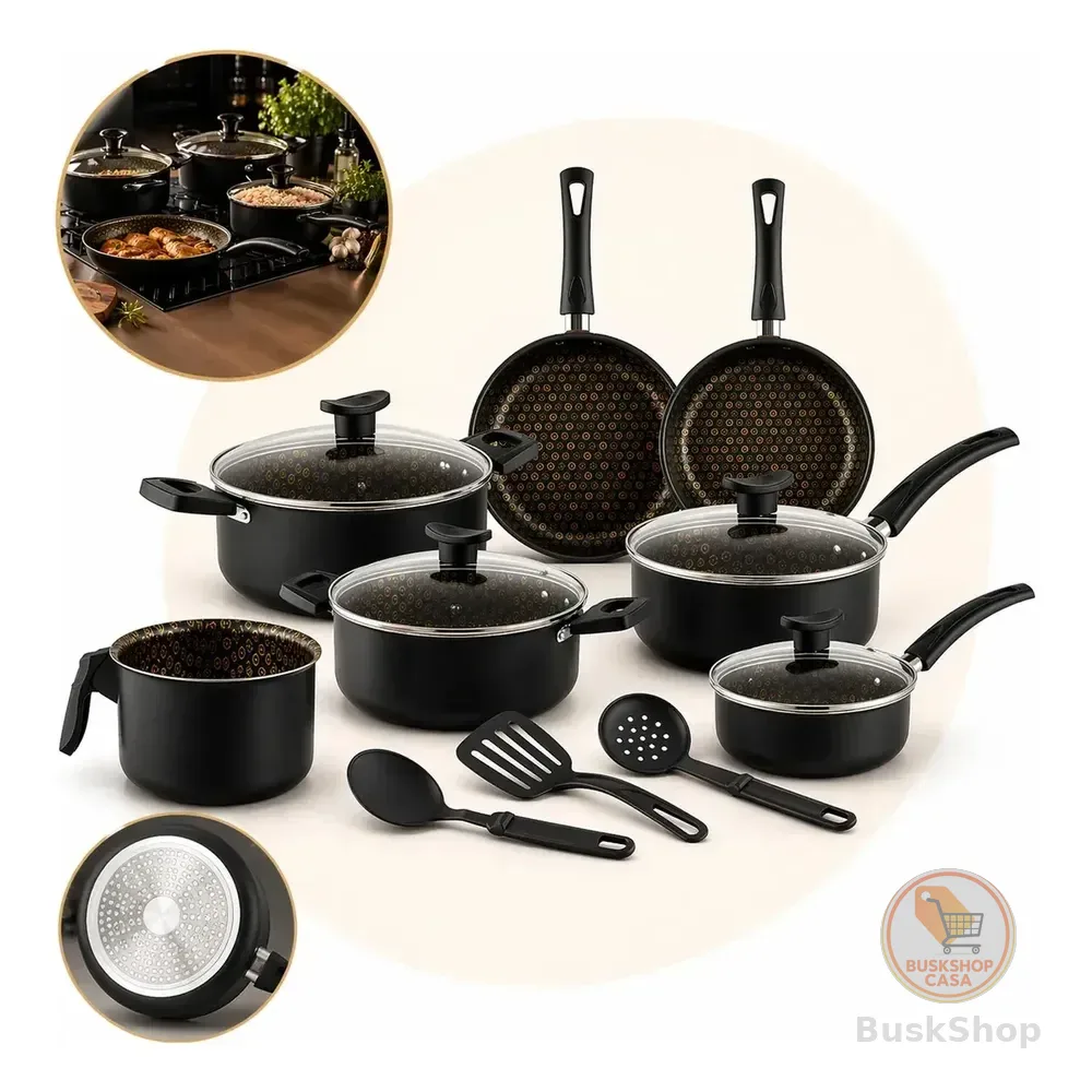 Jogo De Panelas Antiaderente 10 Peças Teflon Com Tampa Vidr Disegno Black Gold