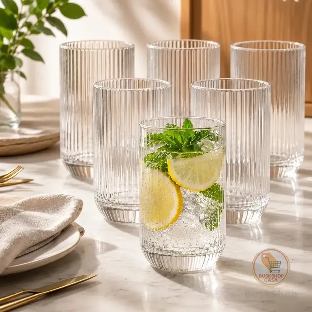 Jogo 6 Copos Vidro Canelado 420ml Cameratta Água Suco Mesa Transparente