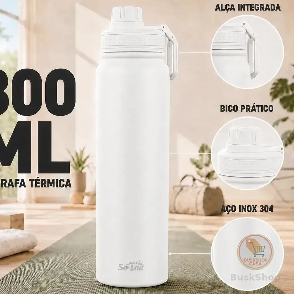 Garrafa Térmica 800ml Isolada A Vácuo Aço Inox Água Gelada Esporte Academia Com Alça Branco Sólar