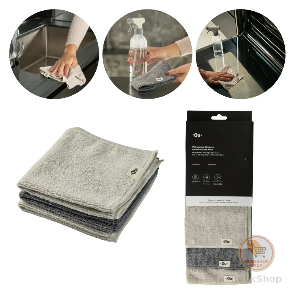Kit 3 Panos Flanela de Microfibra 30cm Reutilizável Multiuso Para Limpeza Lavanderia Premium Flow OU
