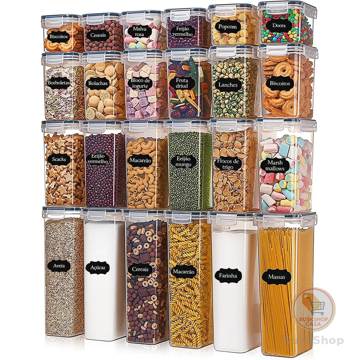 Potes Tampa Hermético Porta Alimentos Mantimentos Armário Cozinha (Kit 24)