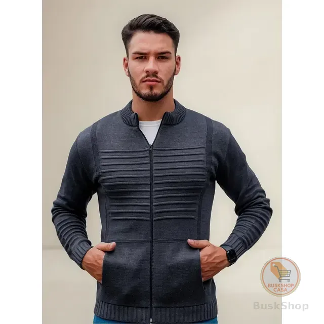 Jaqueta Masculina Blusa De Frio Malha Grossa Ziper E Bolso