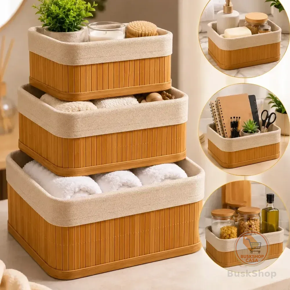Kit 3 Cestos Organizadores Retangulares De Bambu Para Casa Com Forro Lavável Shokki Natural