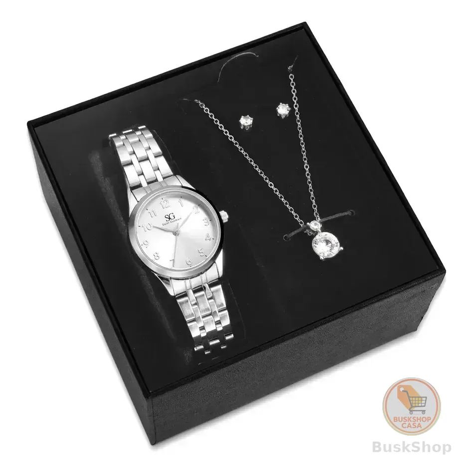 Kit Relógio Colar Brincos Prata Feminino Saint Germain 28 Mm Prateado