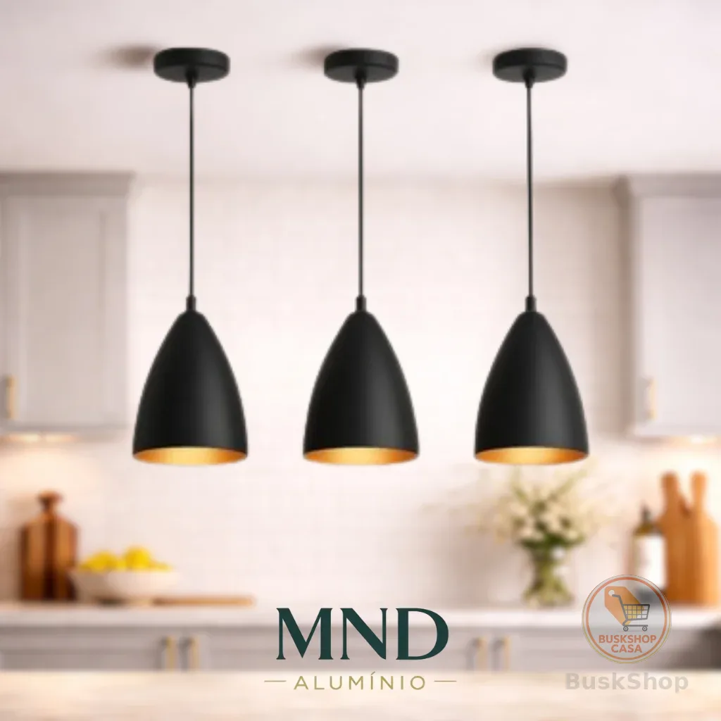 Kit 3 Luminárias Pendentes Modernas Preto com Cobre – Sala, Jantar, Teto