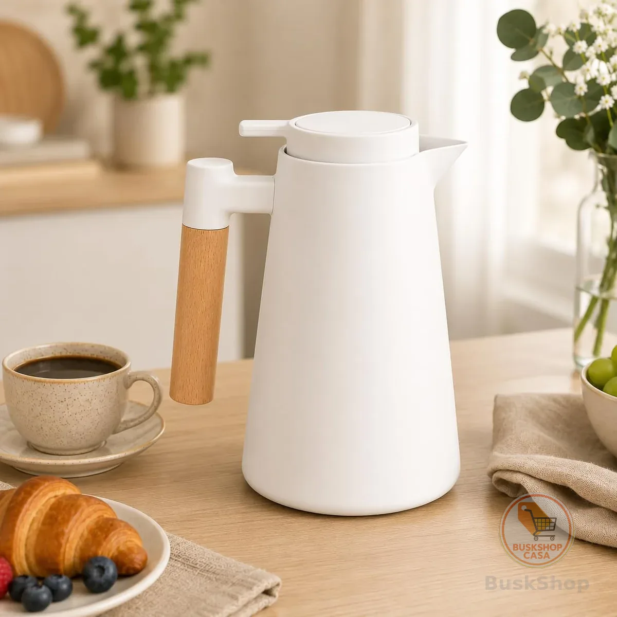 Garrafa Térmica Nórdica 1L com Cabo em Madeira Premium Conserva Quente e Gelado Design Escandinavo Premium Preta para Café e Chá Tampa Rosqueável com Sistema de Pressão Mesa Posta