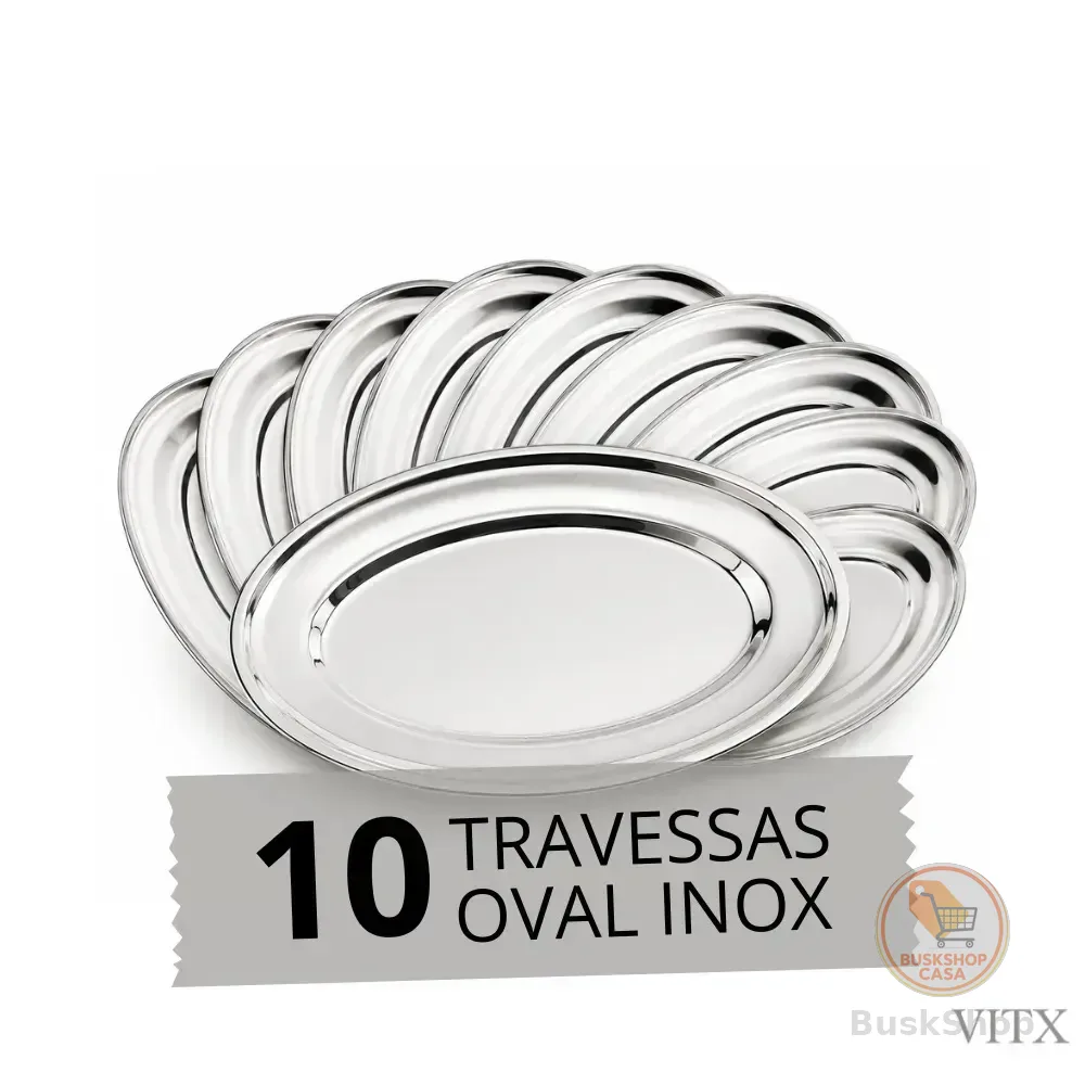 10 Travessas 30 Cm Aço Inox Rasa Oval Prata P/ Servir Porção Cor Prateado Vitx