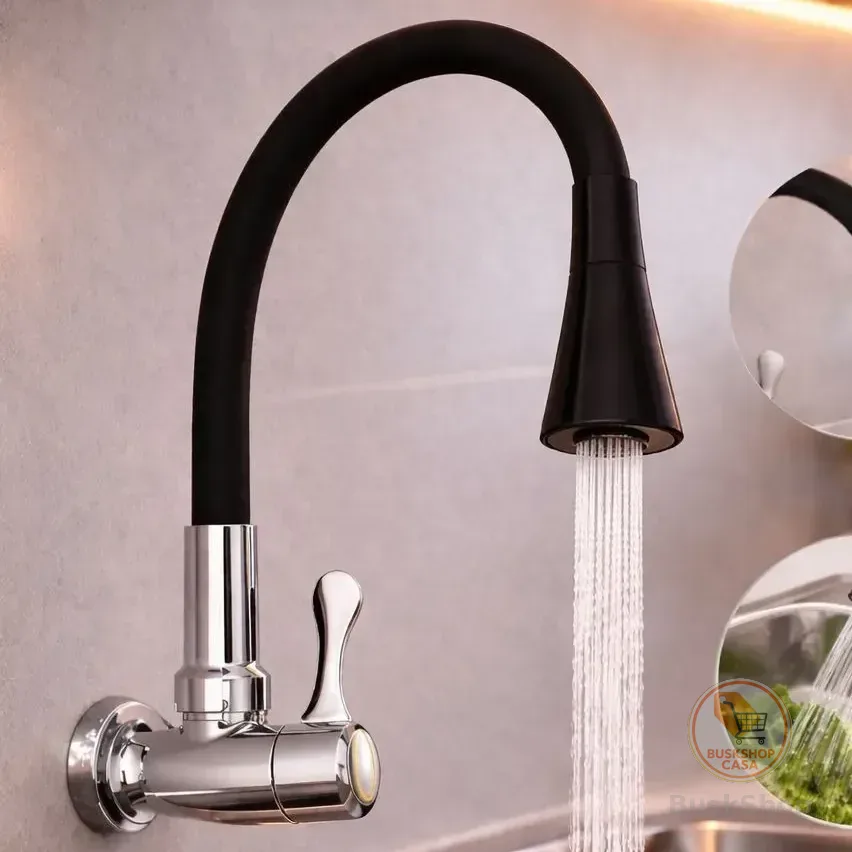 Torneira Flexível Parede Cozinha Preto Pressurizada Moderna Preto Fosco