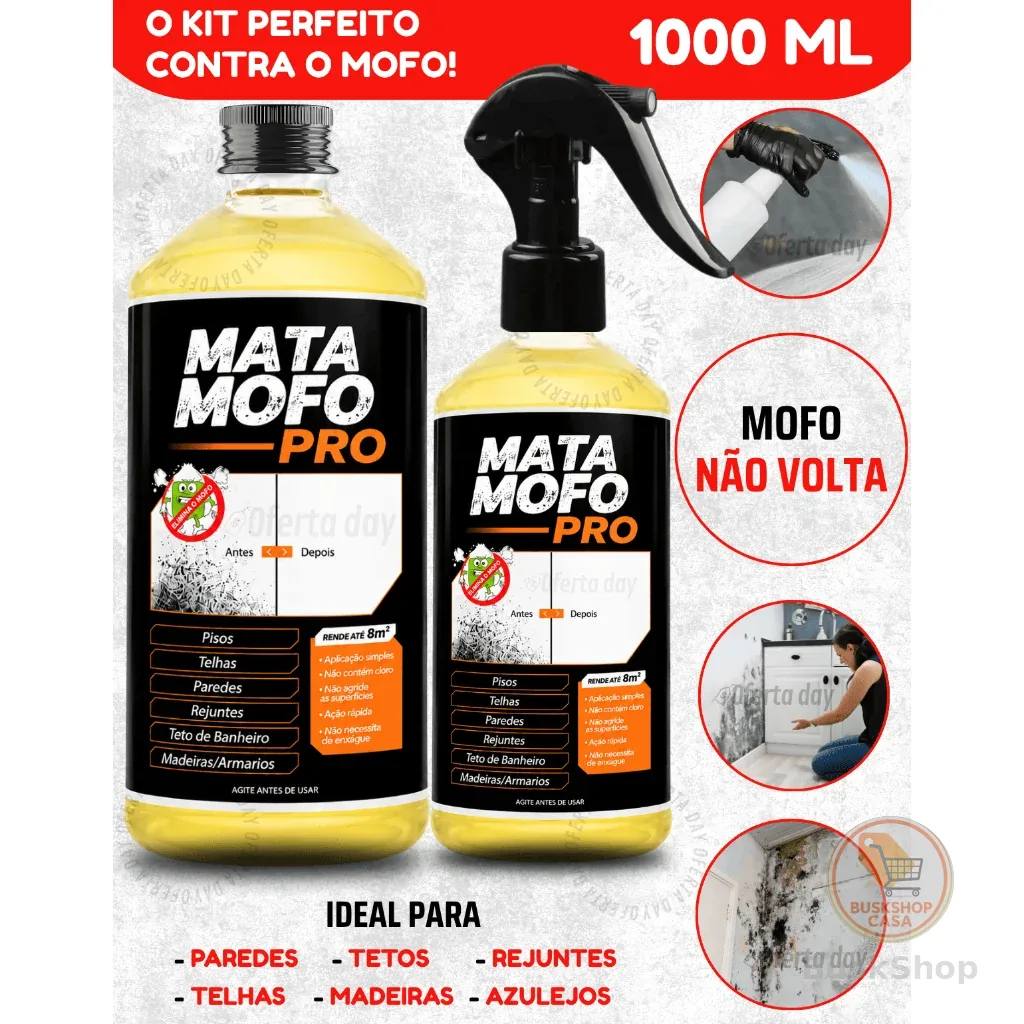 Tira Mata Mofo PREMIUM Com Spray Anti Não Volta Elimina Parede Teto Piso 1LT Armário Madeira Bolor
