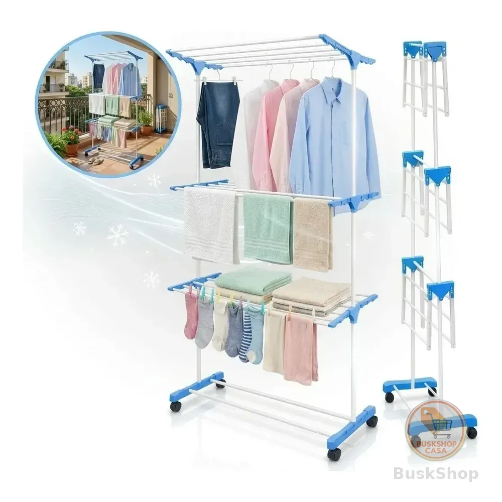 Varal De Chão Vertical Dobrável 3 Andares Com Rodas Aço Reforçado Capacidade 40kg Torre Para Secar Roupas Compacto Portátil Multifuncional Para Casa Apartamento Lavanderia - Shokki Azul