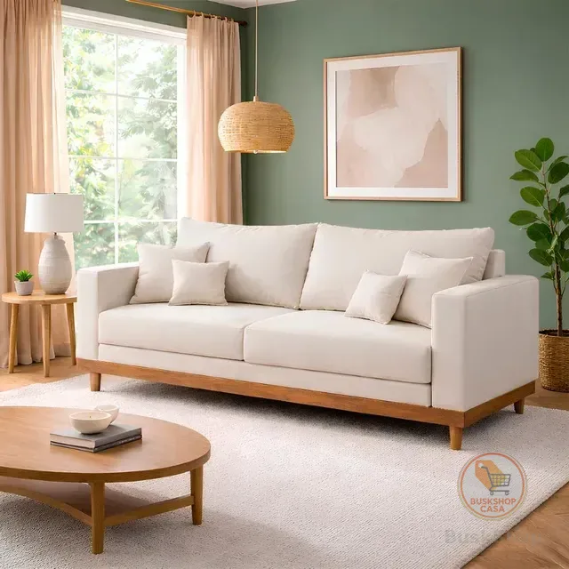 Sofá Living 3 Lugares Suede Resistente Madeira + Almofadas