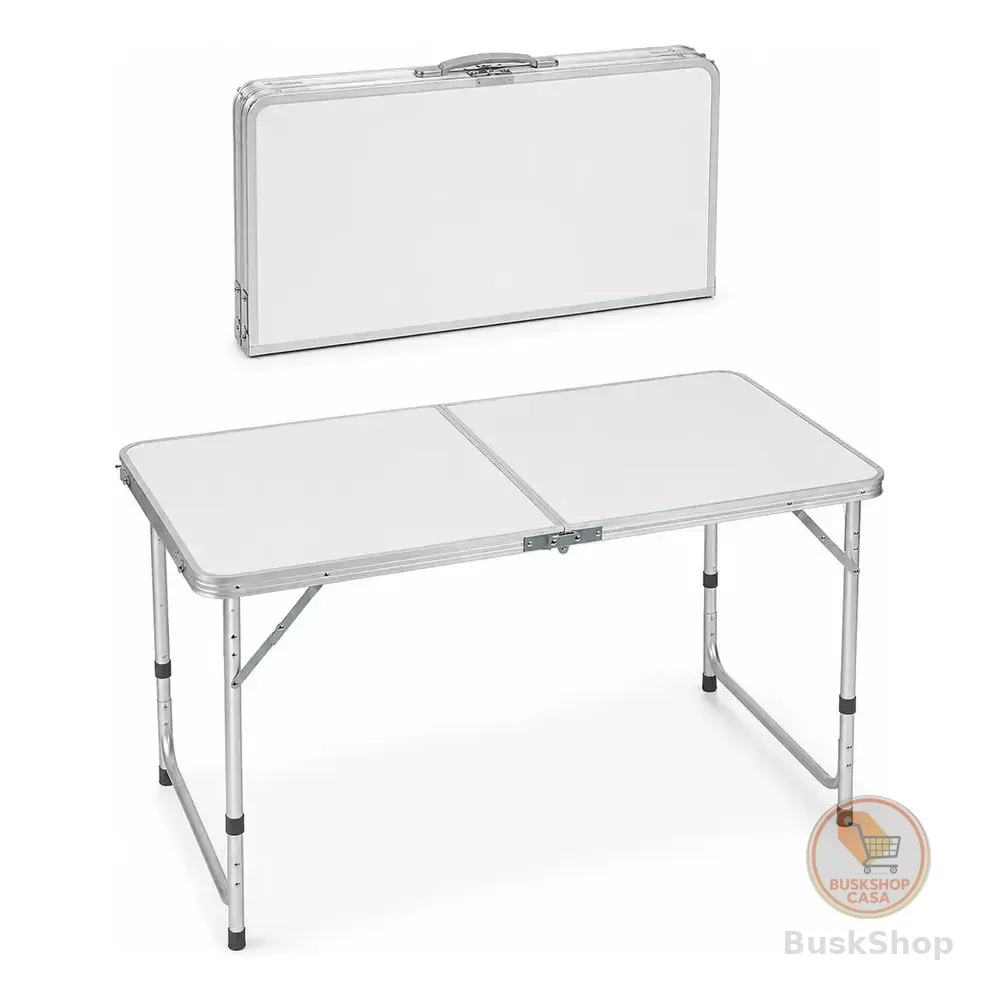 Mesa Dobrável Omega Alumínio Maleta 120x60cm 3 Alturas Camping Praia Branca Branco