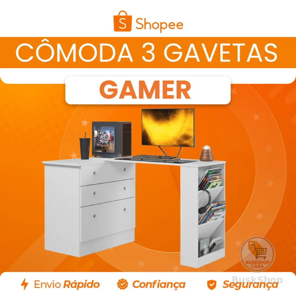 Cômoda Gamer 3 Gavetas com Mesa Giratória MDP Qmovi