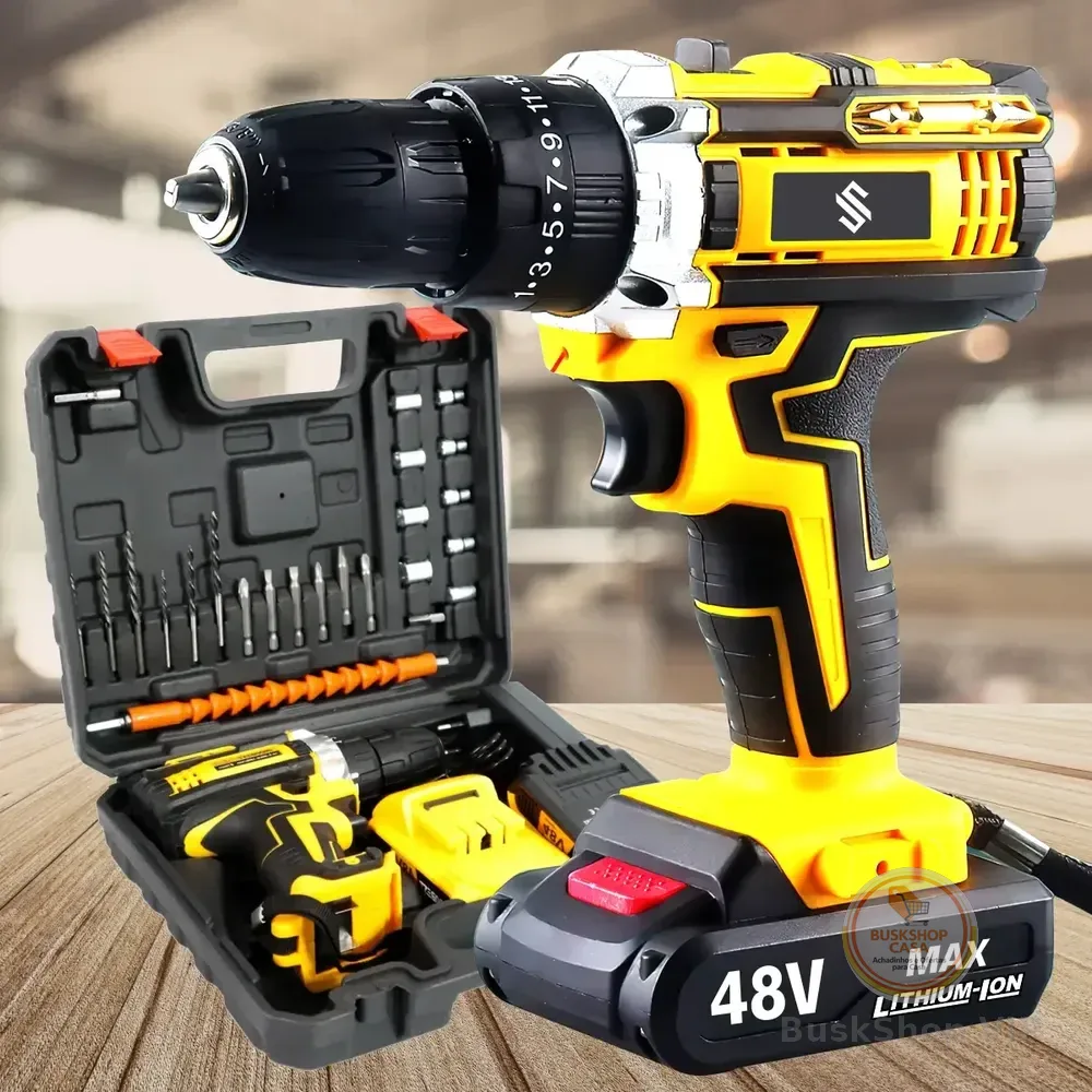 Parafusadeira Furadeira C/ 2 Baterias Maleta Kit Completo Led Eixo Flexível Vários Níveis Torque Amarelo 127/220v 60 Hz