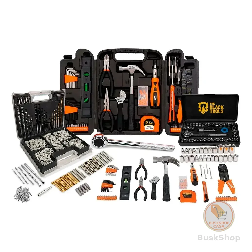 Kit Jogo De Ferramentas 129 Peças Com Jogo De 40 Soquetes Chaves E Kit 300 Peças Brocas E Buchas The Black Tools Preto