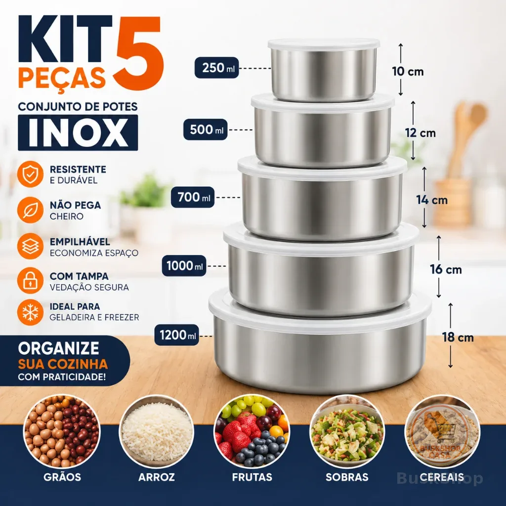 Kit 5 Potes Inox Com Tampa Redondo Porta Alimentos Cozinha Jogo Organizador Cozinha
