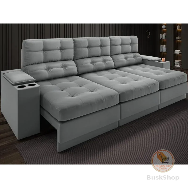 Sofá com Porta Copos e Carregador USB Eureka 2,30m  Assento Retrátil e Reclinável Velosuede Cinza - NETSOFAS