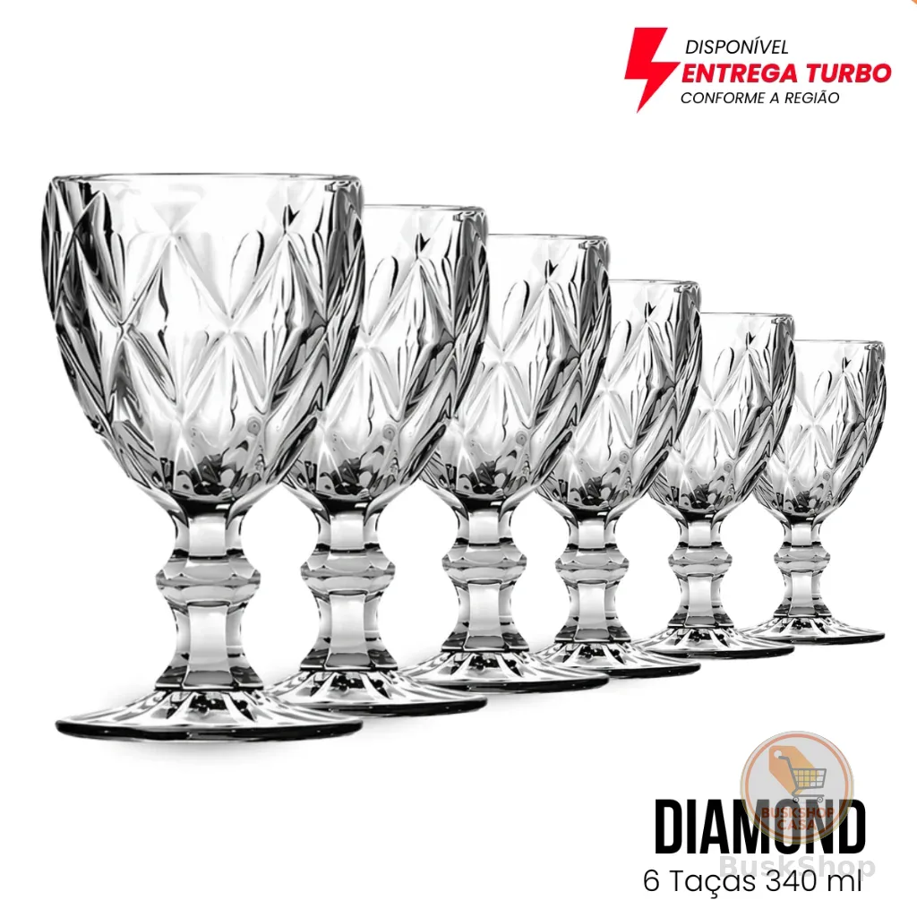 Jogo 6 Taças Em Vidro Diamond Transparente Água Vinho Drink Kit Sobremesa