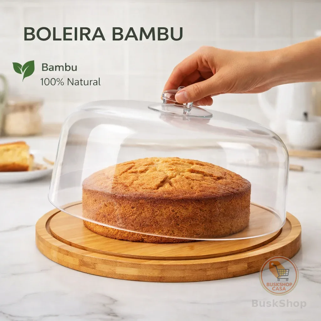 Boleira Bambu Com Tampa Em Acrílico  Base em Bambu Redonda