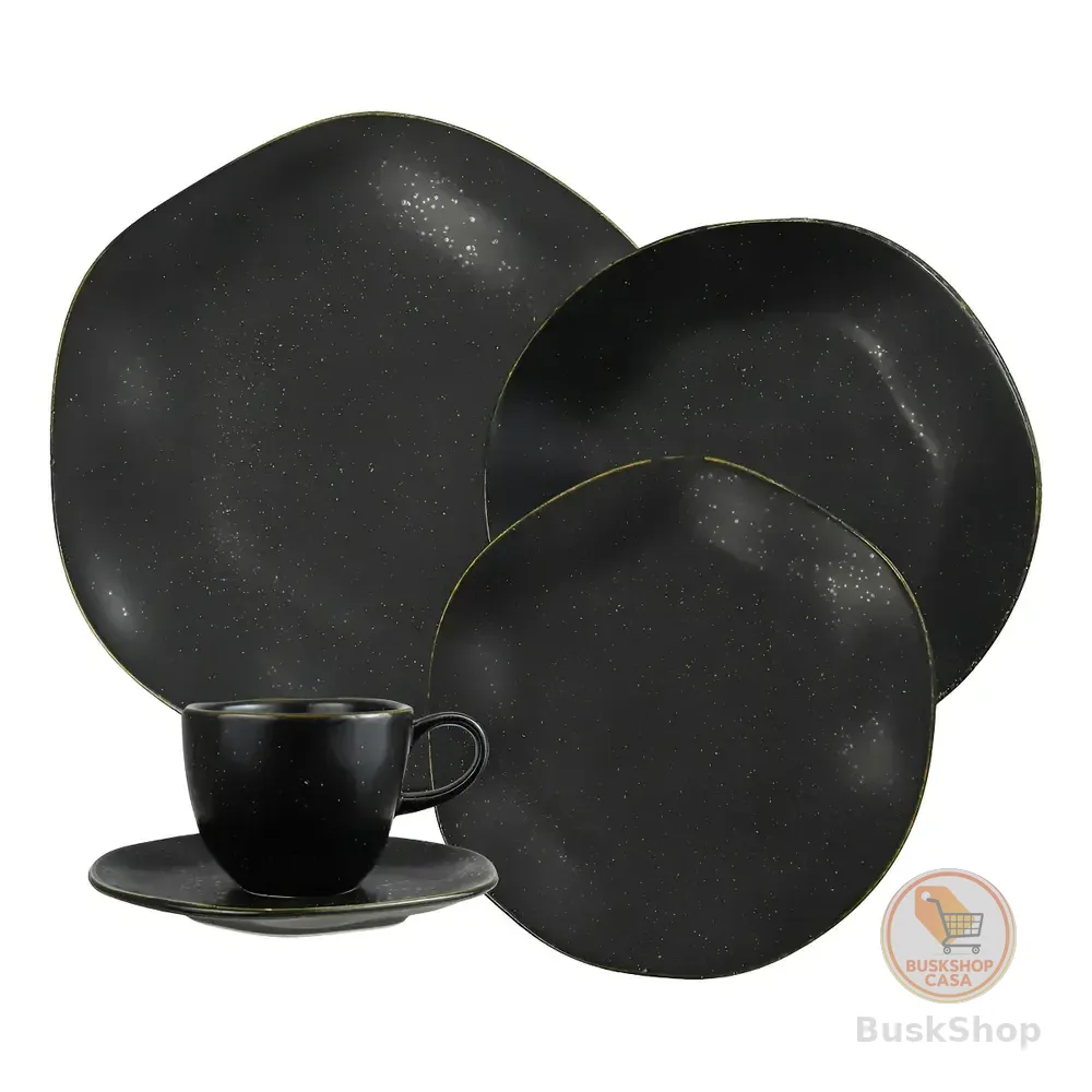 Aparelho De Jantar 20 Peças Volcano Ryo Oxford Porcelana Preto E Dourado Liso Acetinado Com Estalte Reagende