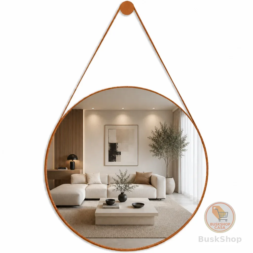 Espelho Adnet Couro Com Alça 25cm 30cm 40cm 50cm 60cm Sala Quarto Banheiro Redondo + Suporte