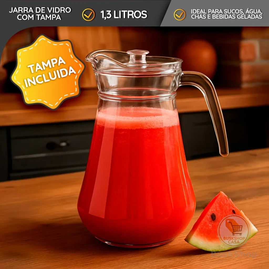Jarra De Vidro 1,3 Litros Com Tampa Grande Litros Água Suco Drinks
