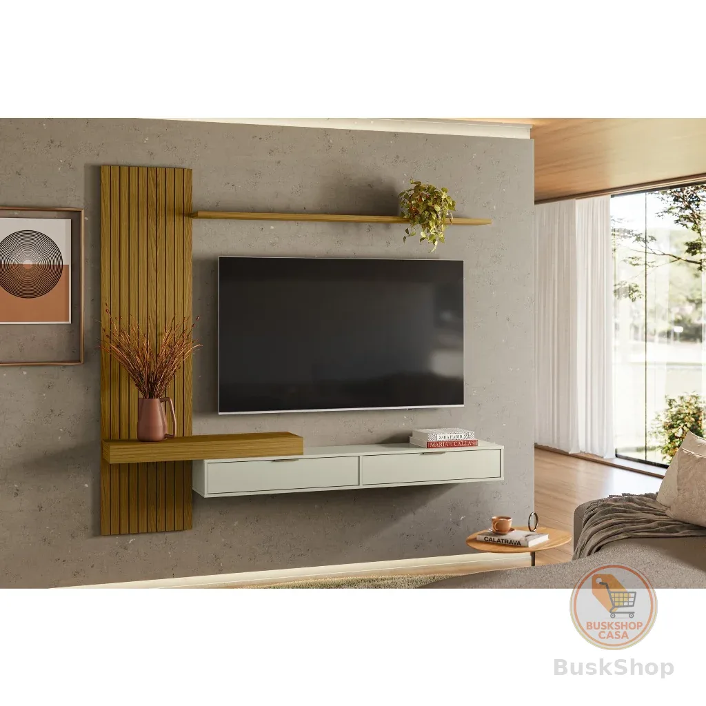 Painel Ripado Italy P/Tvs até 65" - 205cm Nicho C/Portas Basculante Cedro/Off White - Olivar Móveis