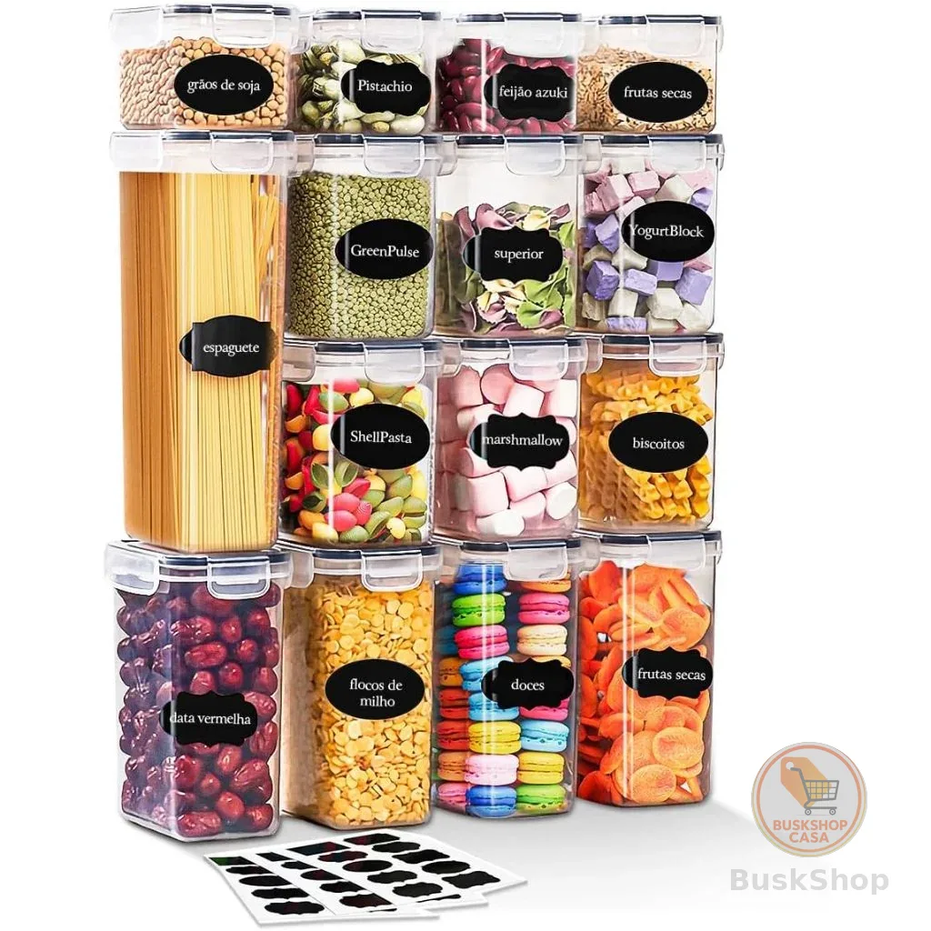 Kit 15 Potes Herméticos Mantimentos Quadrado Cozinha Tampa Trava Recipientes De Organização Luvinco