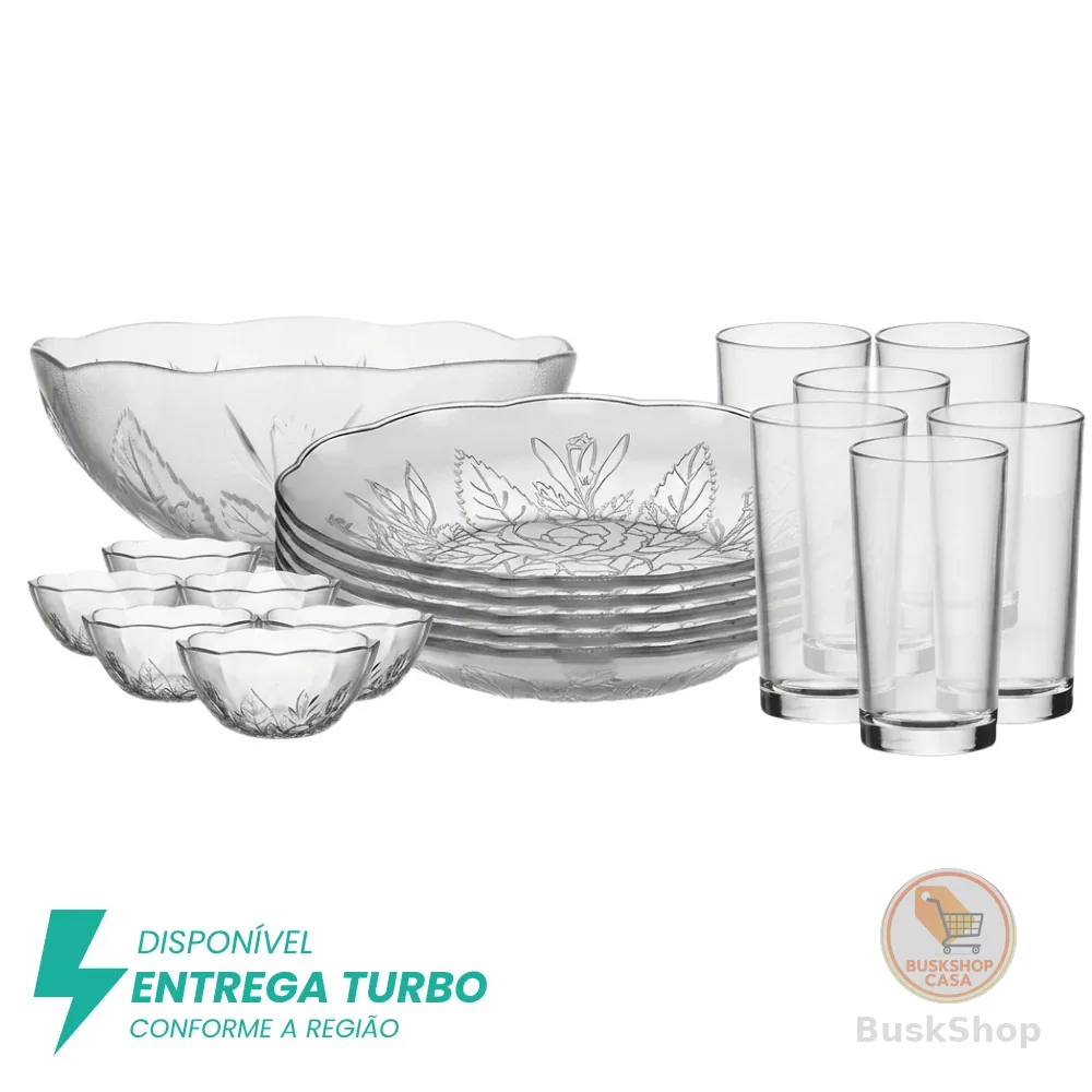 Aparelho de Jantar 19 Peças Vidro Transparente Floral Pratos Copos Tigelas Saladeira