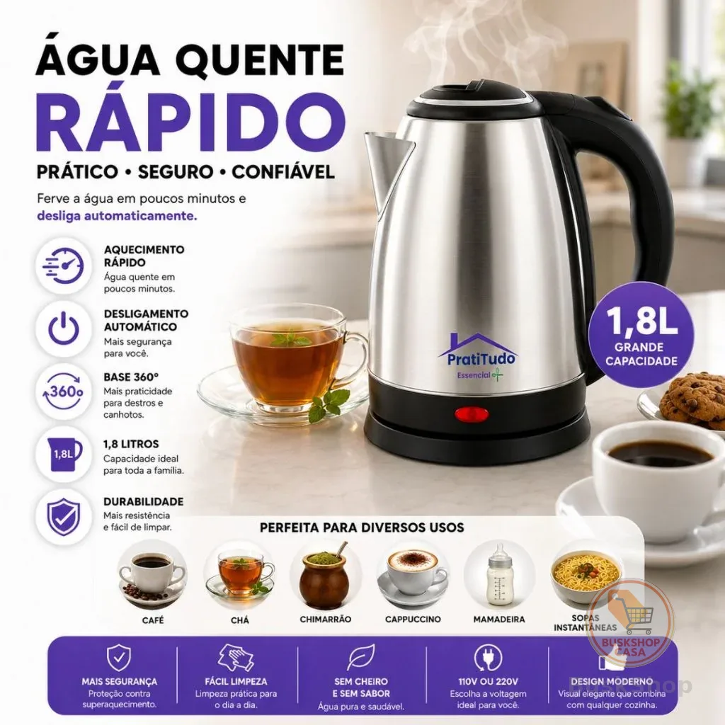 Chaleira Elétrica Inox 1.8L - Desligamento Automático - Ferve Rápido Água P/ Café Chá!