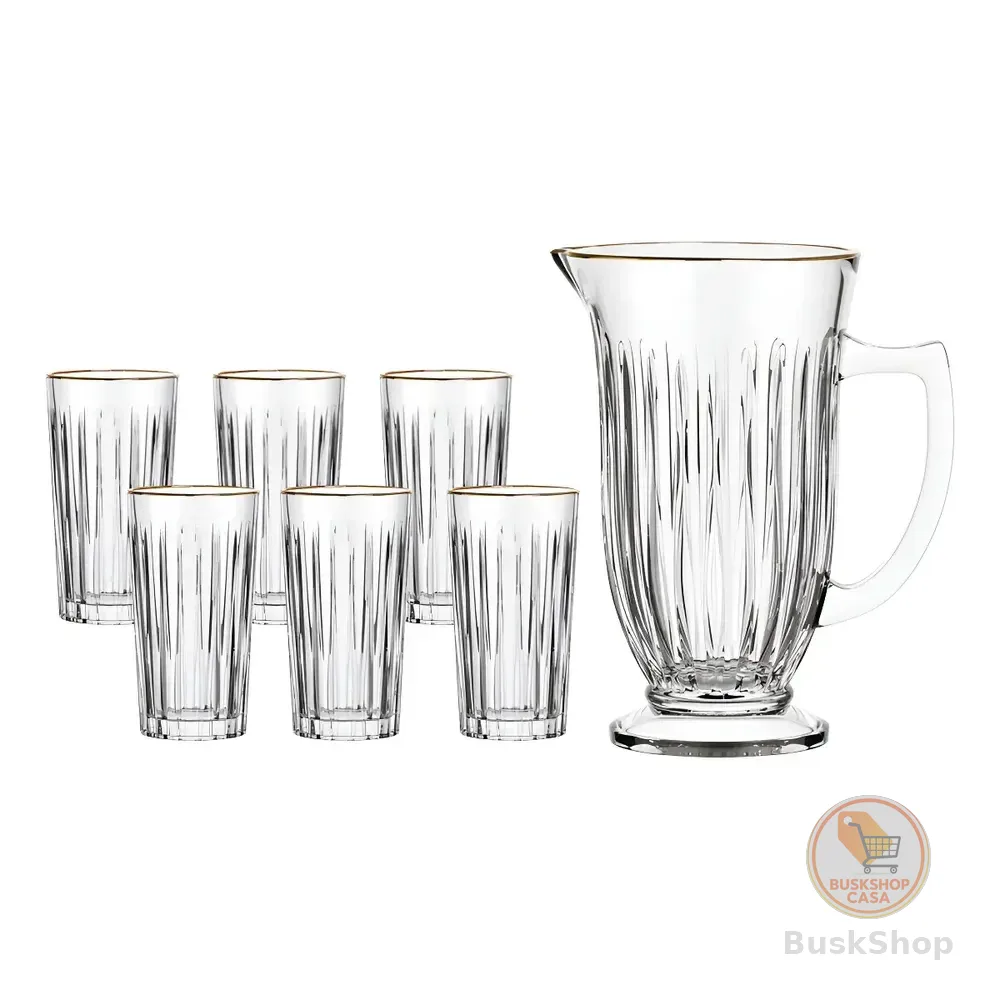 Kit Jarra 6 Copos De Vidro Com Borda Dourada Lila hauskraft Transparente Com Borda Dourada