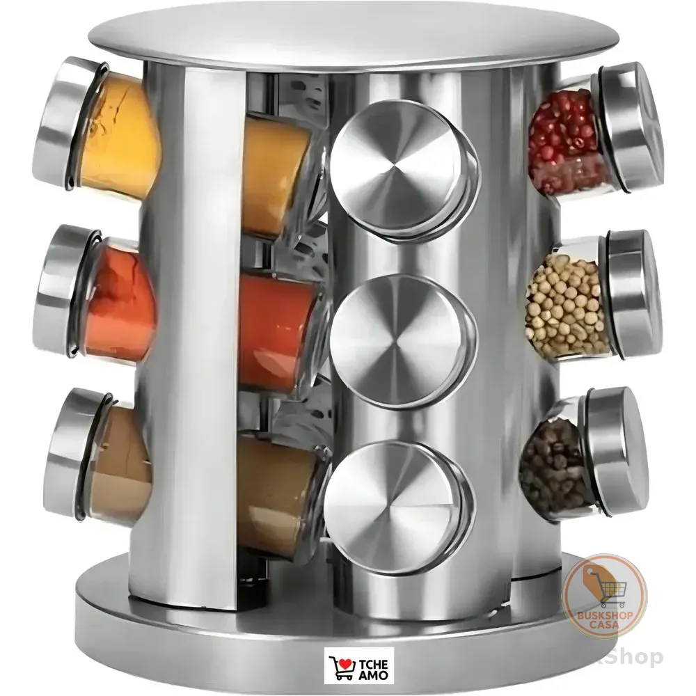 Porta Tempero Inox 12 Potes De Vidro Suporte Giratório Tche Amo