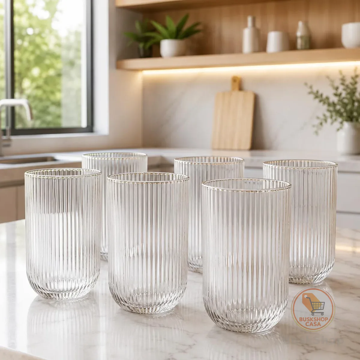 Jogo de 6 Copos Sofia, Vidro Transparente, 450ml, Design Canelado Vertical, para Água, Sucos e Drinks
